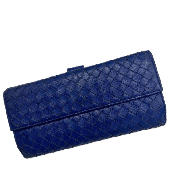 Bottega Veneta Handbags - BOTTEGA VENETA Intrecciato Weave Leather Bi-fold Flap Long Wallet Blue